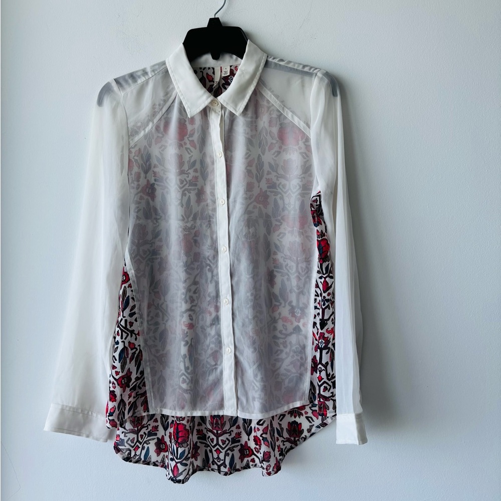 Frenchi Top Button Up Ivory Floral Sheer Chiffon Long Sleeve Women’s Small Boho